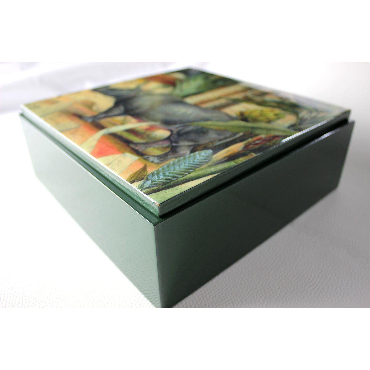 Box rhino palm trees antique painting square green