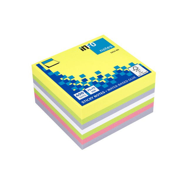 Info noter 75x75mm, 400 blade, 5 farver, FSC 100 gul, 50 grøn, 50 violet,