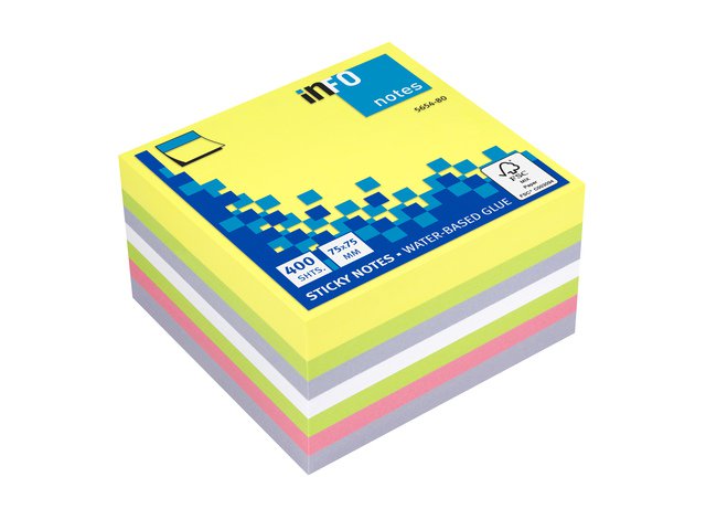 Info noter 75x75mm, 400 blade, 5 farver, FSC 100 gul, 50 grøn, 50 violet,