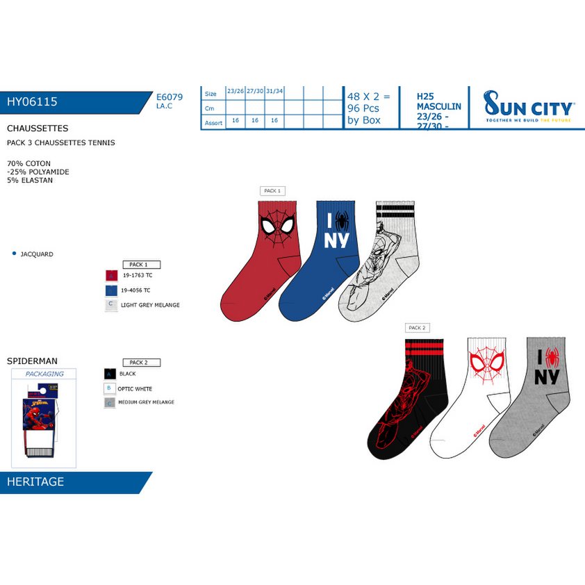 Lot of 96 Units | Pack 3 Spiderman Tennis Socks for Children | Officially Licensed Products | SUN CITY Group