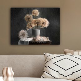 Lærredsmaleri - vægdekoration - blomsterfrø - mælkebøtte - vase - stilleben - buket