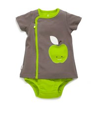 A gray and green baby dress with a zip-up front and an apple applique pocket. The dress is available in sizes 0-3 months, 3-6 months, 6-9 months, and 9-12 months.