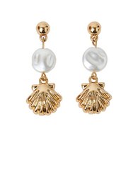 Gold-toned pearl drop earrings with shell charm details, elegant beaded finish, post-back studs