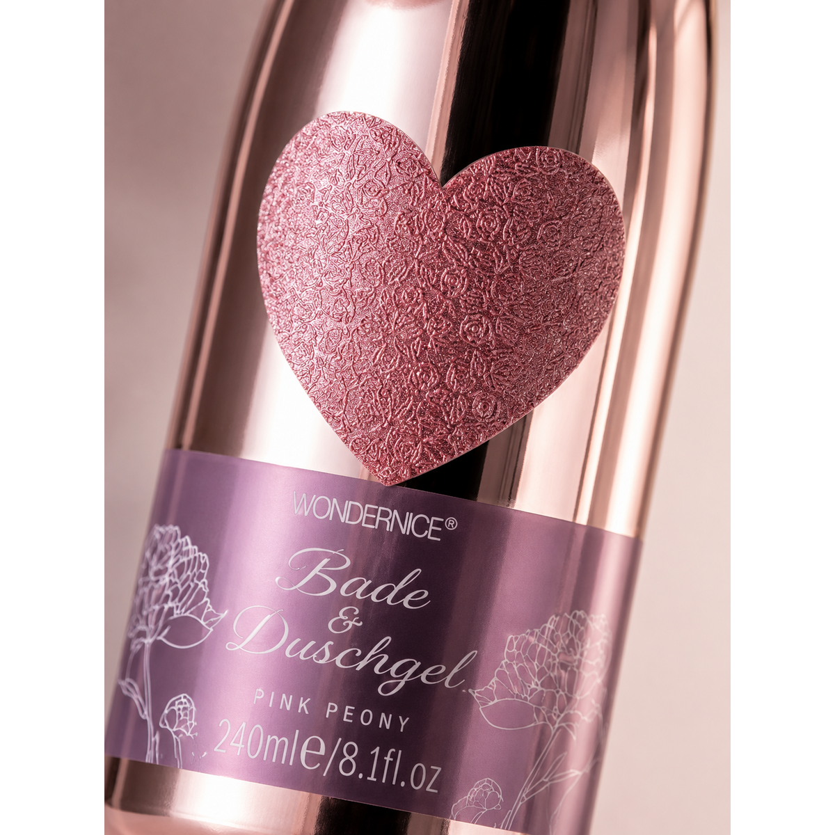 240ml bath and shower gel in a rose colored piccolo bottle