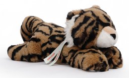  "Soft plush tiger toy with yellow, black and white stripes, cuddly animal design"