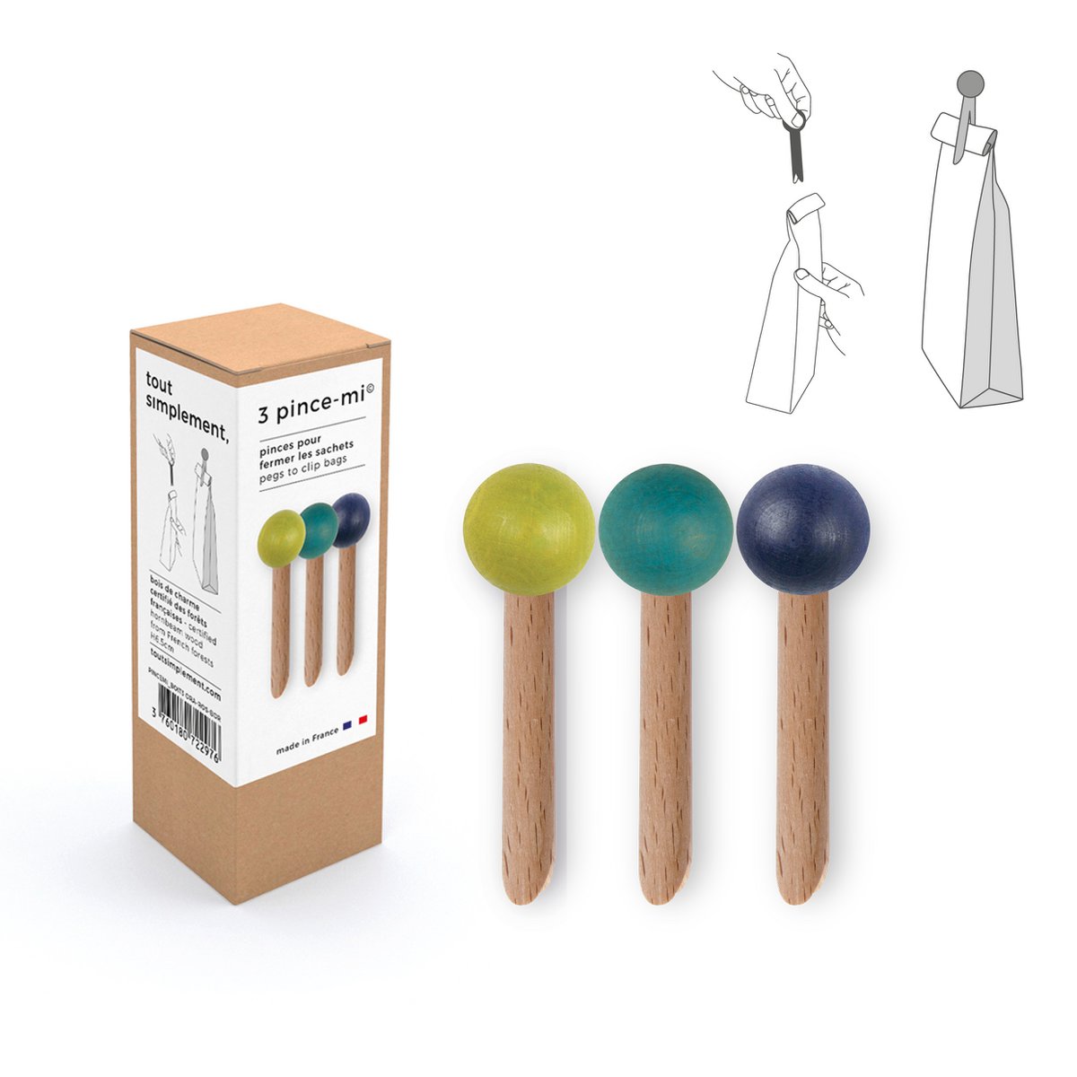 Box of 3 wooden bag clips - green / duck blue / midnight blue