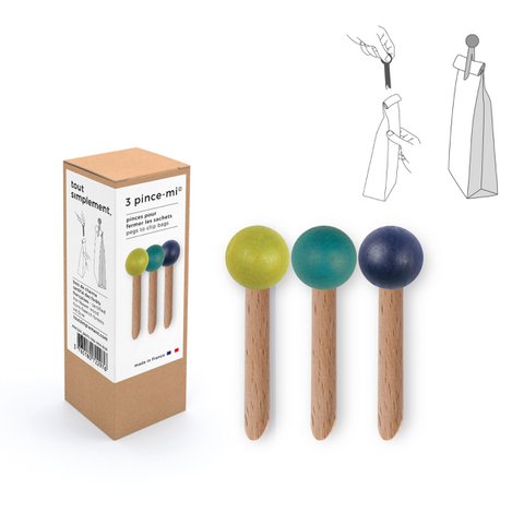 Schachtel mit 3 Holztaschenclips - grün / Entenblau / Mitternachtsblau