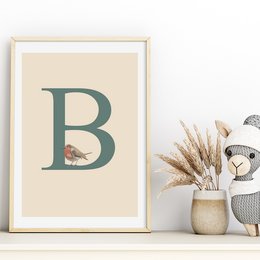 Large letter B wall art in neutral colors, suitable for a kids room or nursery decor. The letter B is displayed in a simple, minimalist style with a small bird illustration.
