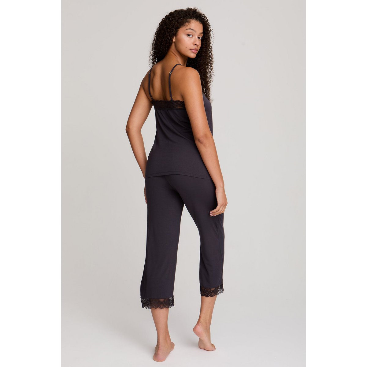 Bamboo Lace Cami Cropped Trouser Pyjama Set in Raven