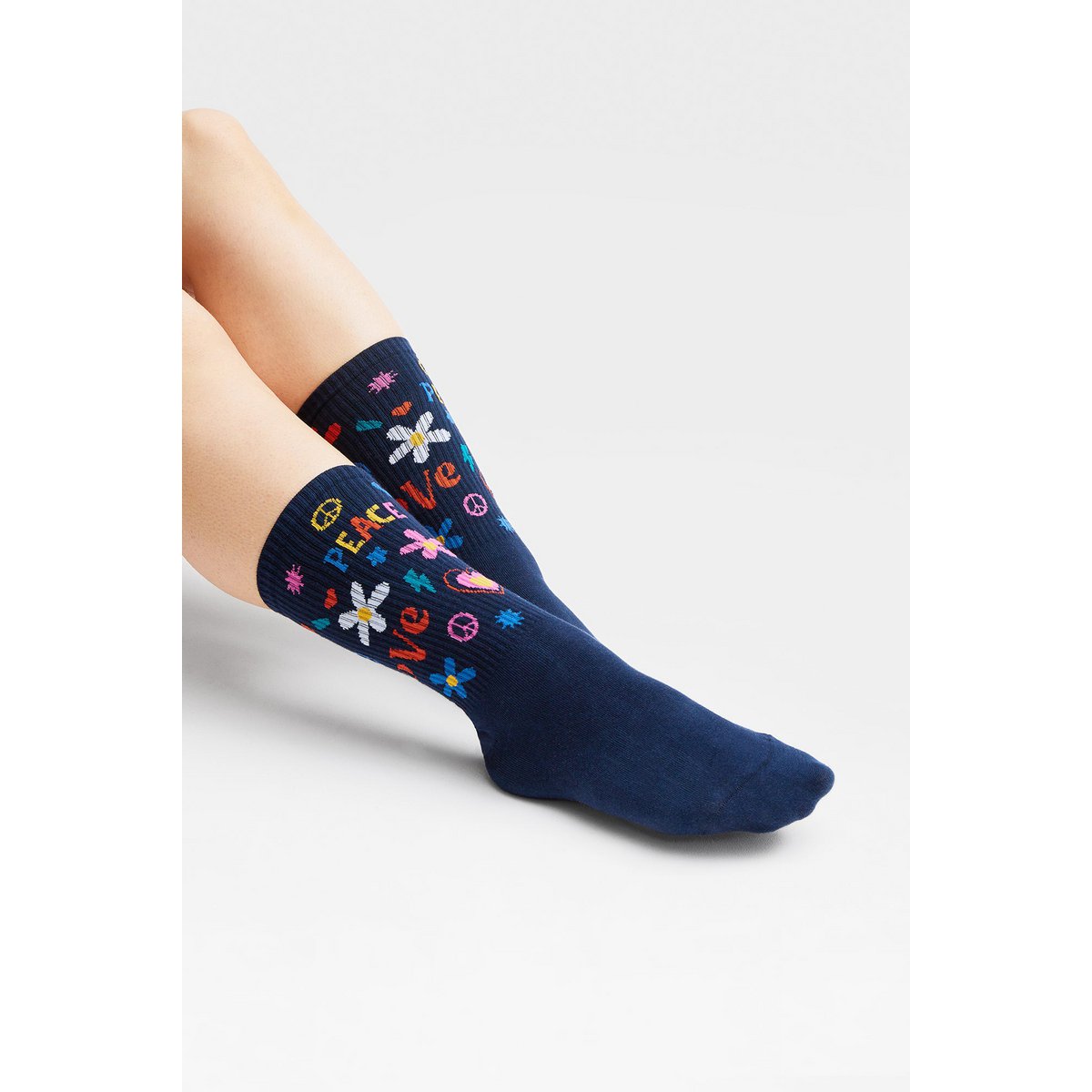 Organic socks hippie - blue tennis socks with Love & Peace pattern