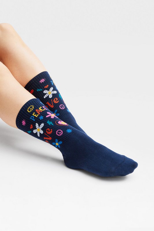 Biologische sokken hippie - blauwe tennissokken met Love & Peace patroon