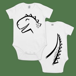 Dino Organic Cotton Baby Bodysuit - Short Sleeves. Soft, comfortable organic cotton baby romper with a cute dinosaur graphic. Available in sizes 0-3 months and 6-12 months.
