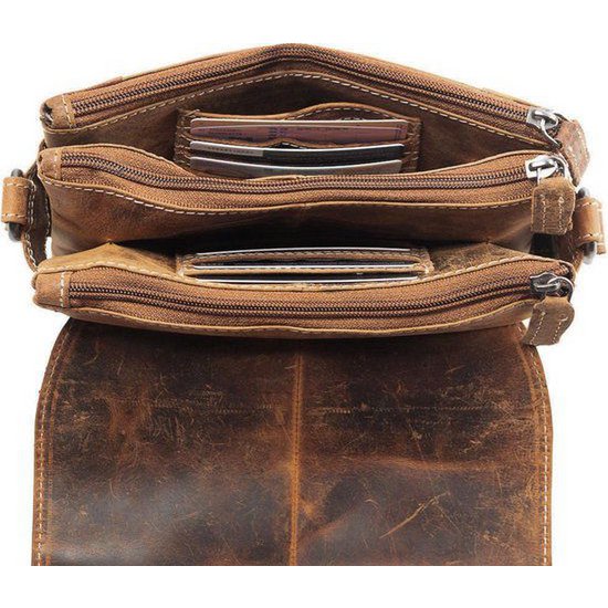 Umhängetasche für Damen mit hellbraunem Büffelleder - Praktischer Ledertasche mit mehreren Reißverschluss -Taschen, perfekt für Organisation und Stil.