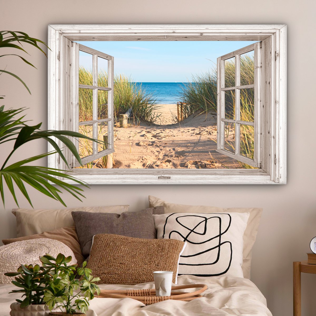 Canvas schilderij  - Wanddecoratie - Doorkijk - Strand - Zee - Duinen - Zand - Water - Helmgras