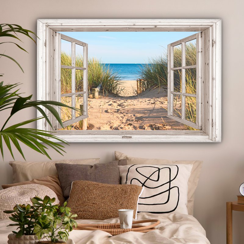 Canvas Maleri - Wall Decoration - View - Beach - Sea - Dunes - Sand - Water - Helmgras