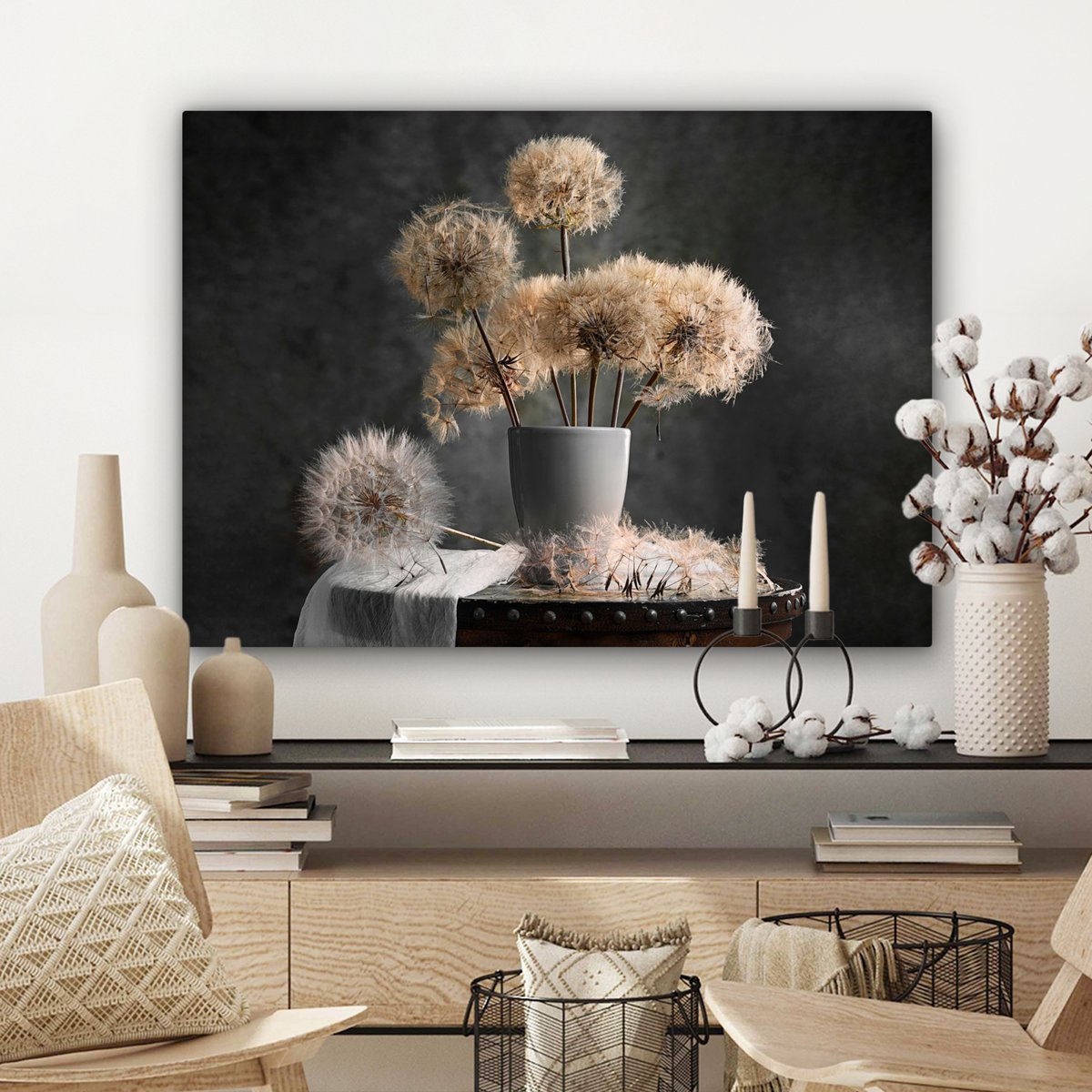 Leinwand Malerei - Wanddekoration - Blumensamen - Löwenzahn - Vase - Stillleben - Bouquet