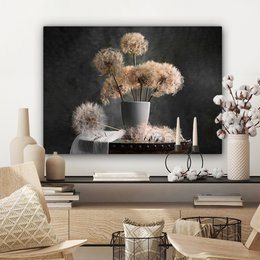 Lærredsmaleri - vægdekoration - blomsterfrø - mælkebøtte - vase - stilleben - buket