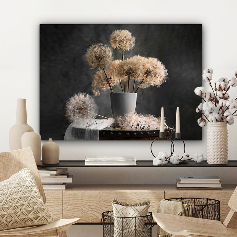 Lærredsmaleri - vægdekoration - blomsterfrø - mælkebøtte - vase - stilleben - buket