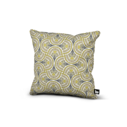 Yellow citrus geometric pattern cushion, modern abstract swirl design, square shape pillow.