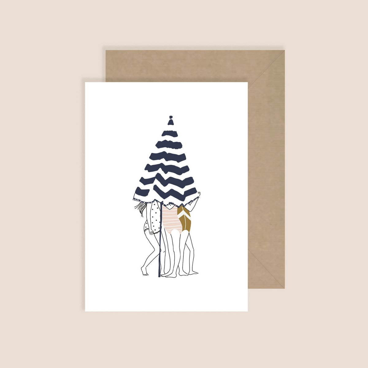 Carte The Little Secrets - Maillot de bain trois filles caché sous un parapluie rayé bleu
