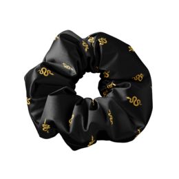 Black and gold snake-patterned scrunchie made of satin material. Suitable for casual or formal hairstyles.