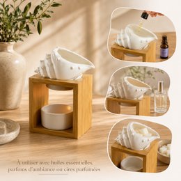 Brûle Parfum Série Naturea – Shell – en Bambou et Céramique – Design Original et Déco – Bougeoir Aromathérapie – Diffusion Huiles Essentielles, Cires, Fondants Parfumés