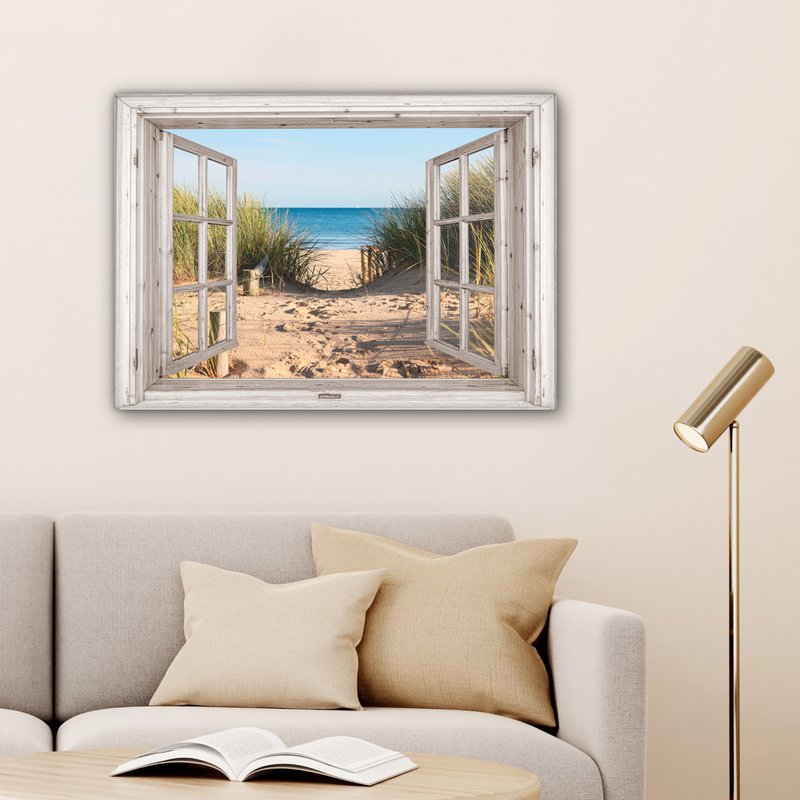Canvas Maleri - Wall Decoration - View - Beach - Sea - Dunes - Sand - Water - Helmgras