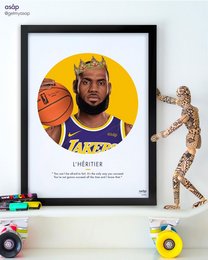 A poster featuring a basketball player wearing a yellow jersey and holding a basketball. The poster has a circular design with a yellow background and the player's name "LEBRON" displayed prominently.