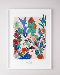 Vibrant, colorful wall art featuring a variety of tropical plants and flowers, including blue birds, red flowers, and lush greenery.