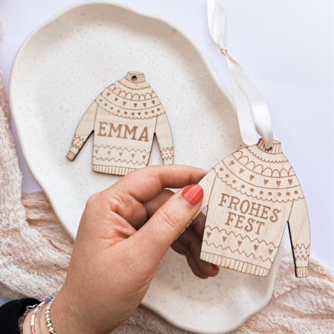 Christmas Tree Bauble Sweater Personalized Wooden HAPPY FESTIVAL - Christmas Sweater Ornament