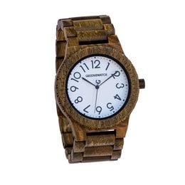 Wooden watch with a classic analog face and a natural, earthy tone. Features a wooden case and band for a unique, rustic style.