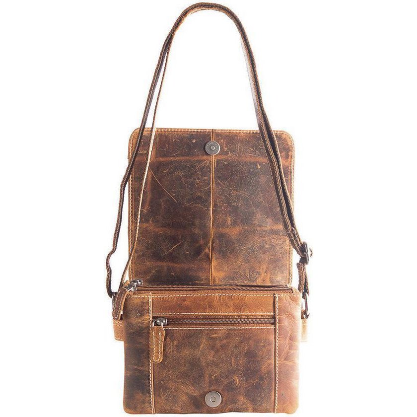 Umhängetasche für Damen mit hellbraunem Büffelleder - Praktischer Ledertasche mit mehreren Reißverschluss -Taschen, perfekt für Organisation und Stil.