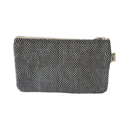 A black and white patterned fabric makeup bag or pencil case with a zipper closure.