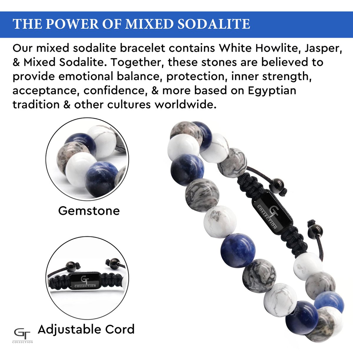 Bracelet perlé sodalite, howlite et jaspe pour hommes
