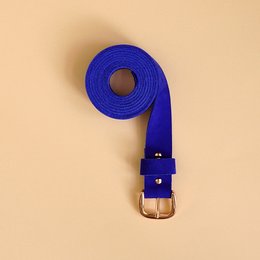 Blue leather belt with gold-tone buckle.