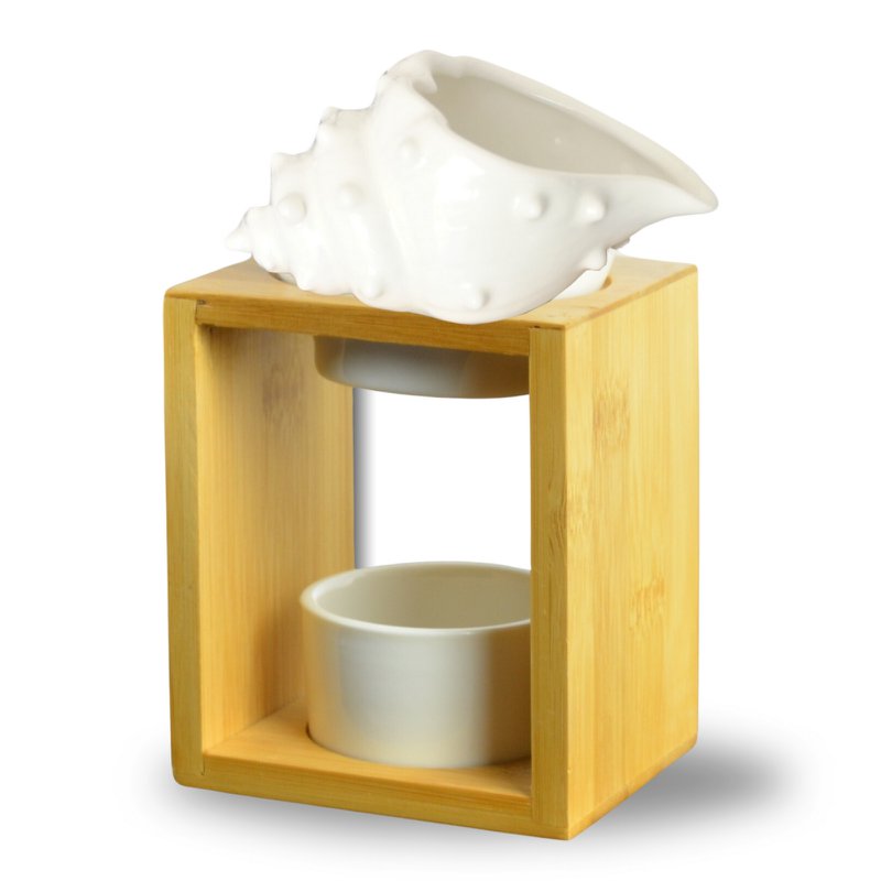 Parfumebrænder Naturea-serien - Skal - i bambus og keramik - Originalt og dekorativt design - Aromaterapi lysestage - Spredning af æteriske olier, voks, duftfondanter