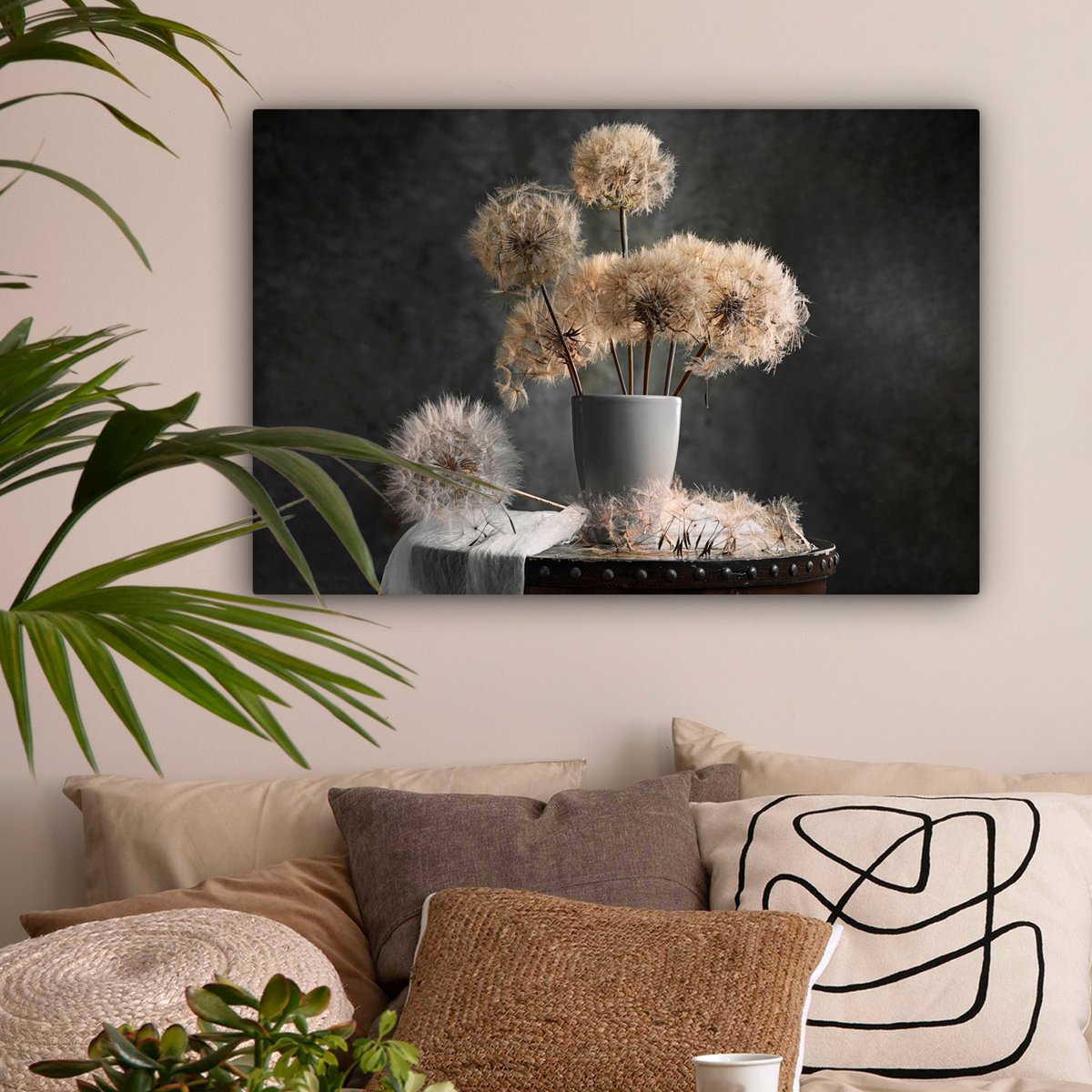 Leinwand Malerei - Wanddekoration - Blumensamen - Löwenzahn - Vase - Stillleben - Bouquet