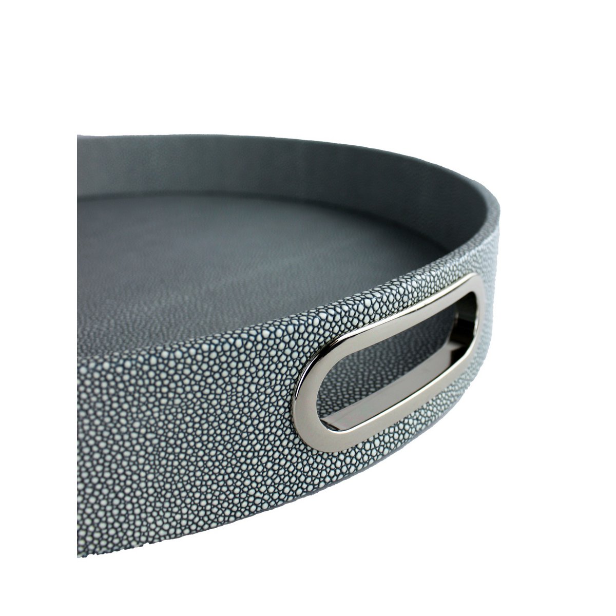 Plateau rond simili cuir galuchat bleu avec anses inox