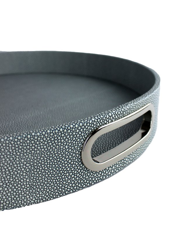 Plateau rond simili cuir galuchat bleu avec anses inox