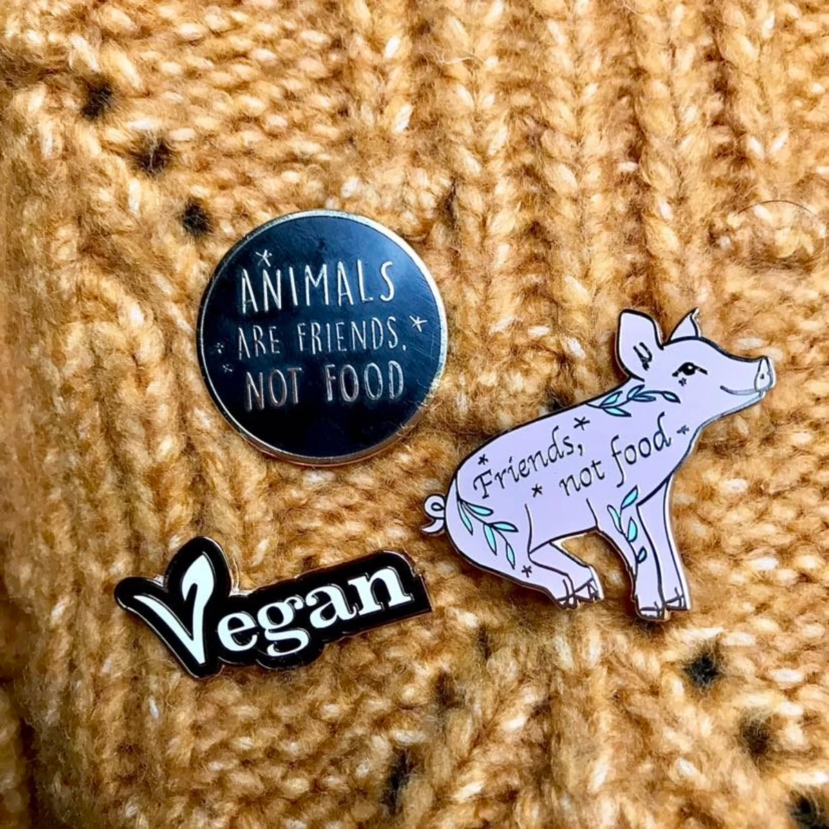 Spilla smaltata vegana "Gli animali sono amici, non cibo".