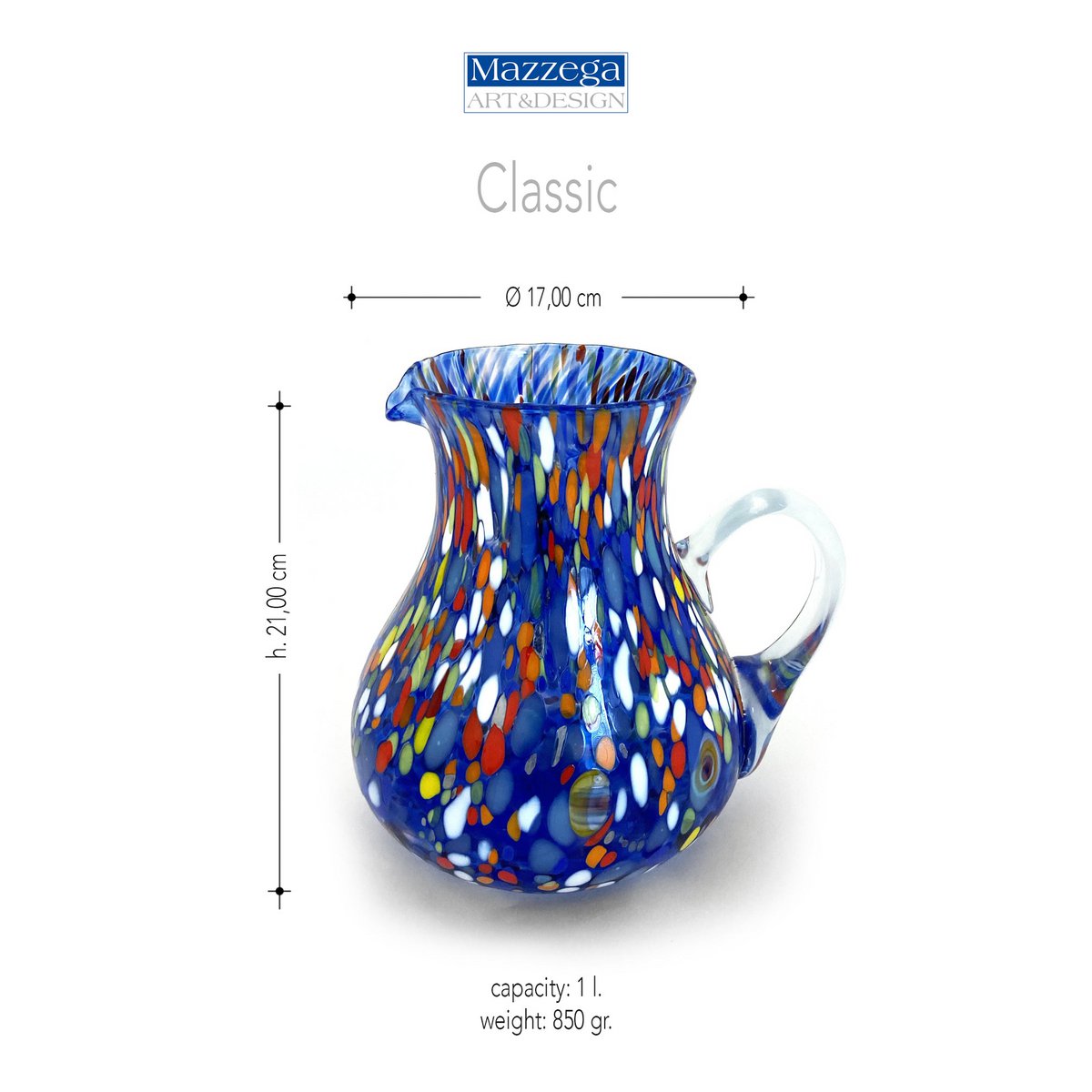 1 CARAFFA CLÁSICA EN VIDRIO HANDO EN LÍNEA MANO CON MURRINE DI MURANO, LÍNEA "I COLORI DI MURANO" 1000 ml. Hecho en Italia