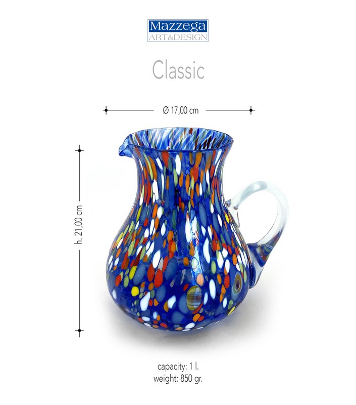 1 Klassiker Caraffa in handgemachtem und handgefertigtem Glas mit Murrine di Murano, "I Colori di Murano" Linie 1000 ml. In Italien gemacht