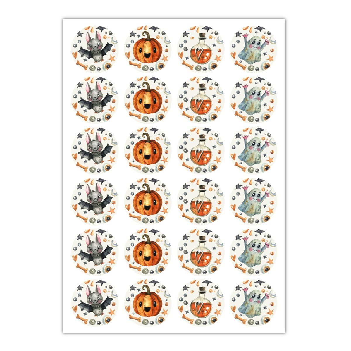 24 creepy Halloween stickers with bat, ghost, pumpkin and magic potion, beige, MATTE paper stickers (ø 45mm; 4 motifs)