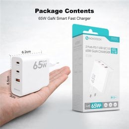 Cargador NOVOTECK C-018 65W GaN PD - Cargador rápido USB-C 65W + USB-C 20W + USB-A 20W