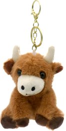Brown plush Highland cow keychain with horns, soft stuffed animal toy charm.