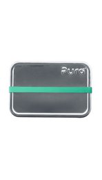  Small rectangular lunchbox, gray with mint green silicone band, modern minimalist design, kids meal container.