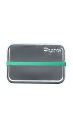 Small rectangular lunchbox, gray with mint green silicone band, modern minimalist design, kids meal container.