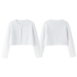 White cropped cardigan with long sleeves and a round neckline. Suitable for party fashion accessories.