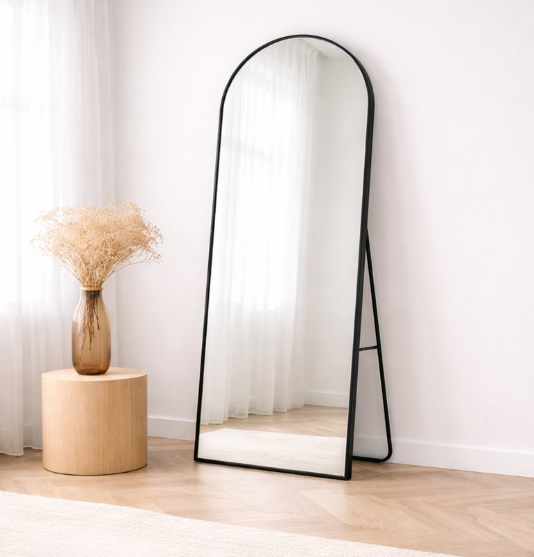 Lustro łukowe 75x180 cm - Duże czarne lustro łukowe ze stojakiem