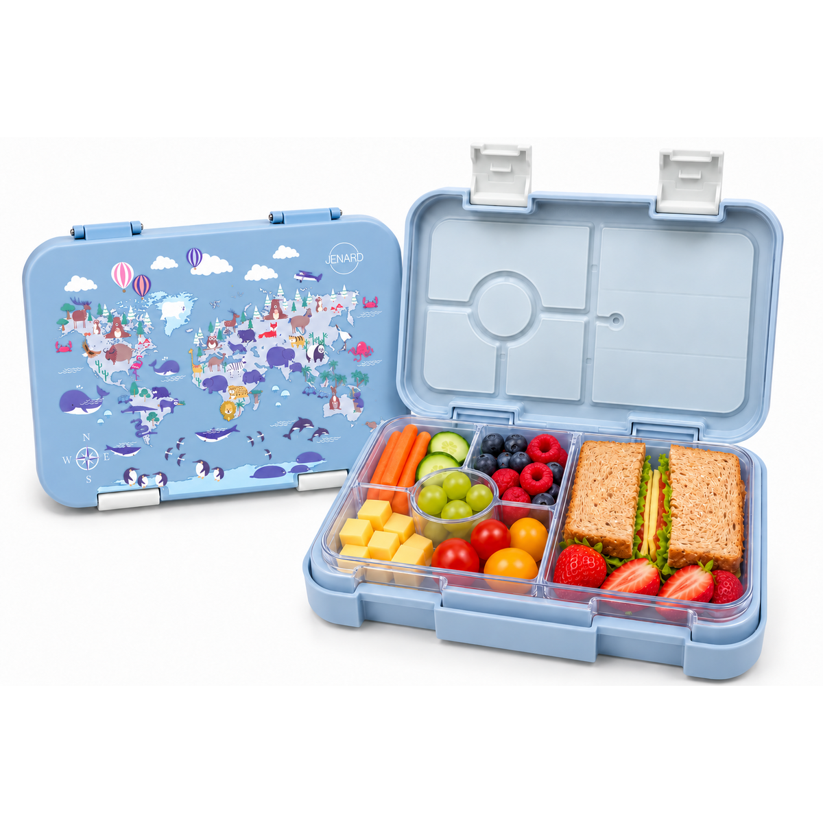 Fiambrera infantil estanca con compartimentos - Fiambrera Bento para guardería sin BPA - mapamundi con animales - JENARD
